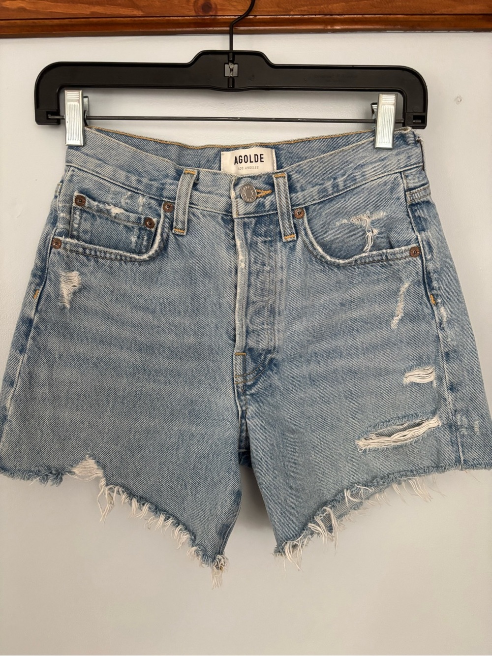 Agolde Light Wash High-Rise Distressed Denim Shorts